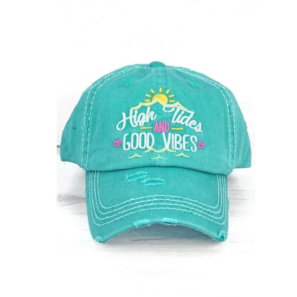 DISTRESSED TURQUOISE 'HIGH TIDES AND GOOD VIBES' CAP Brand New - Picture 1 of 1
